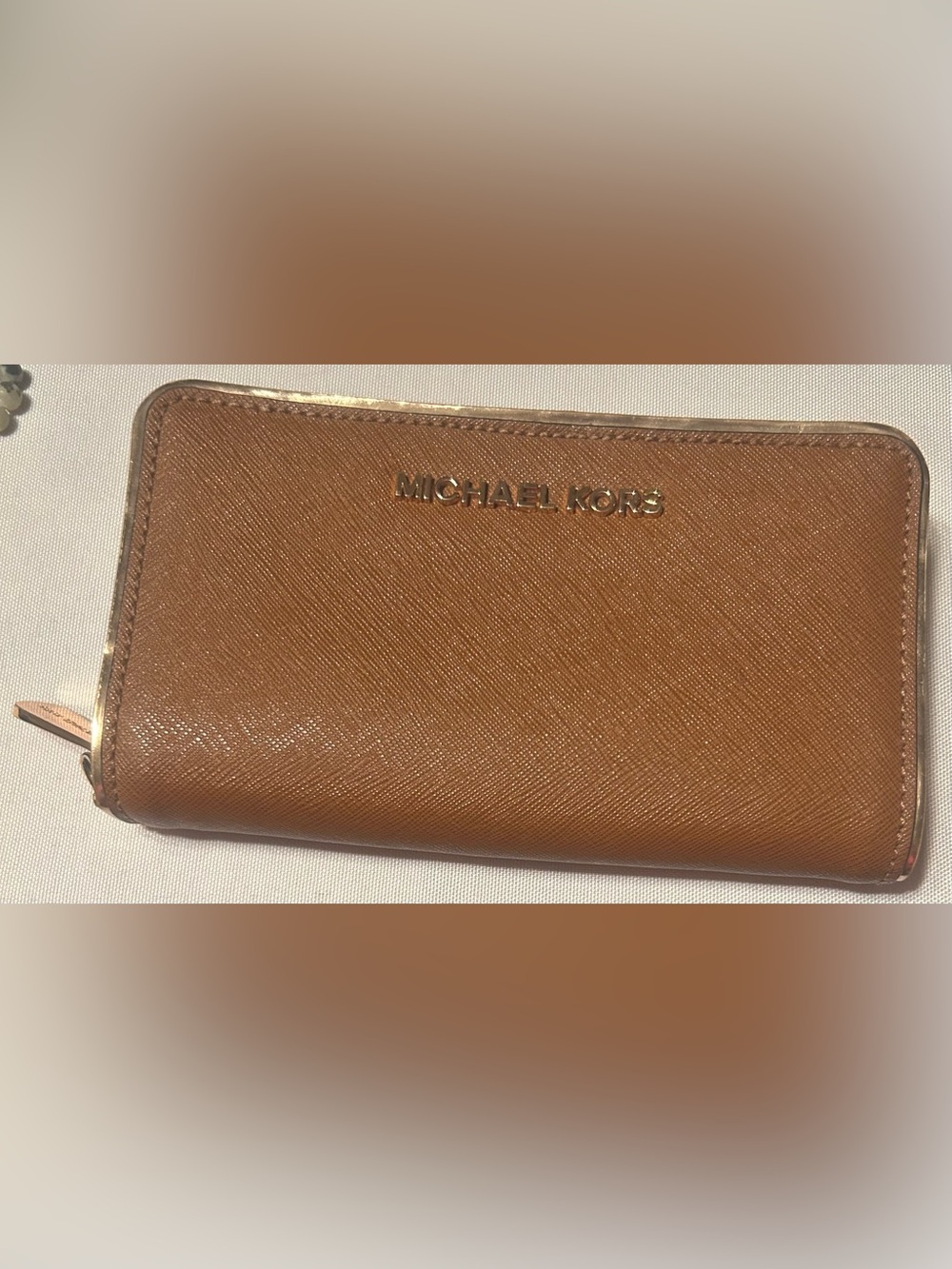 Michael Kors Cognac Saffiano Zip-Around Wallet with Gold Logo